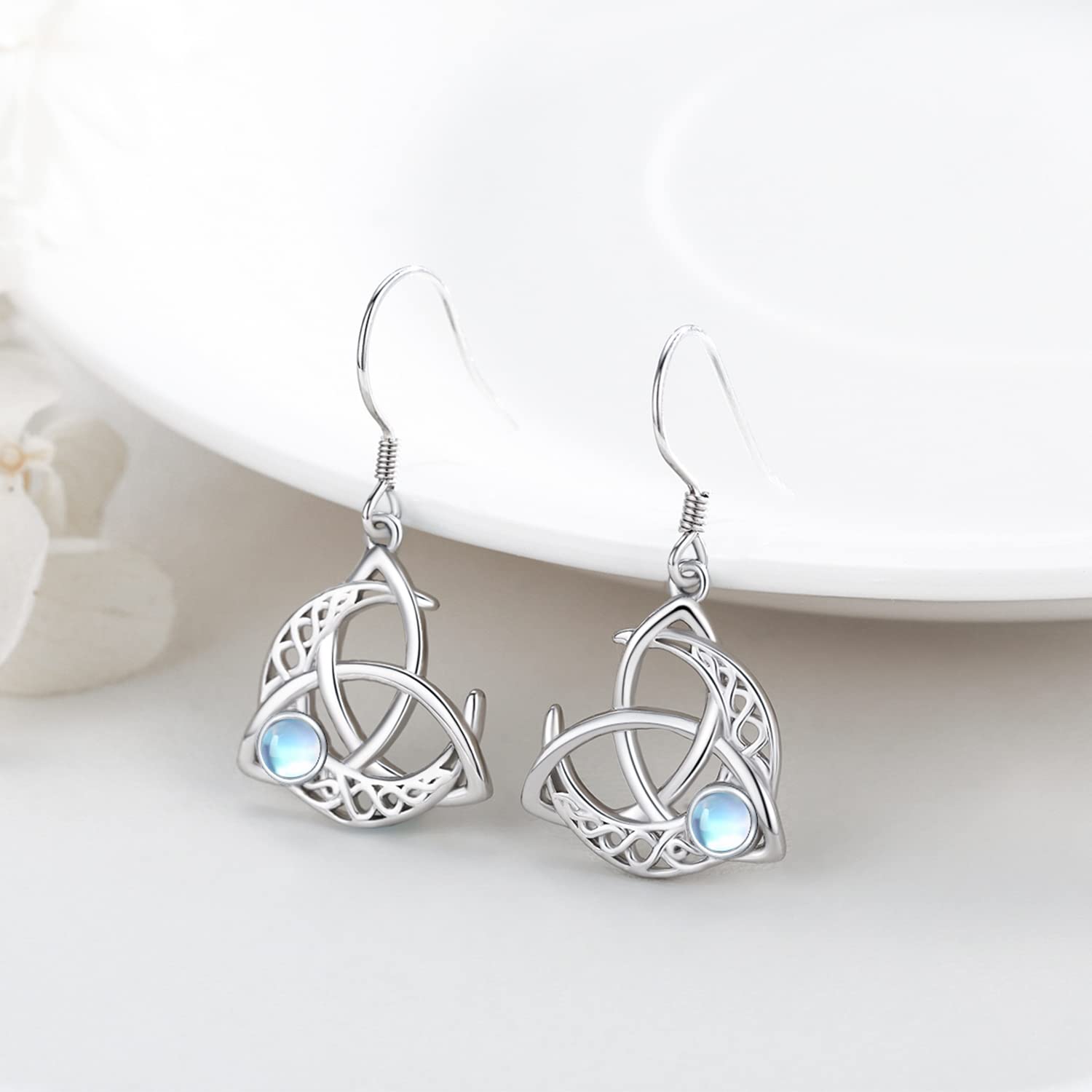 Boucles d'oreilles celtiques en argent sterling 925 - Pierre de lune - Nœud celtique - Cadeaux pour femmes, filles, petite amie