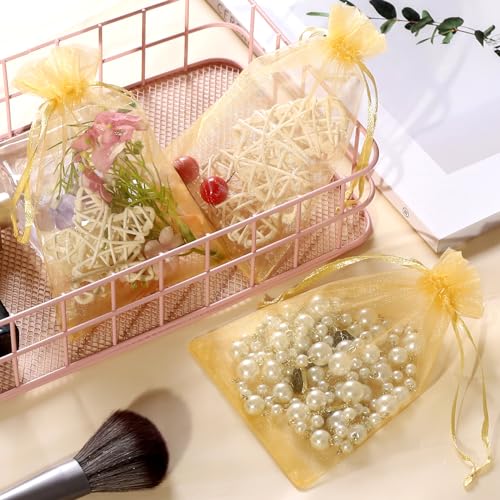 Image of Hopttreely 100pcs Gold Organza Gift Bags, 4 x 6 inch Satin Drawstring Candy Mesh Favor Bags Jewelry Pouches for Christmas Wedding Party