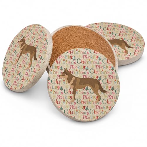 Caroline's Treasures Czechoslovakian Wolfdog Merry Christmas Large Sandstone Coasters Pack of 4 Absorbent Round Coasters Decor Gifts for Men or Women, 4 in, Multicolor
