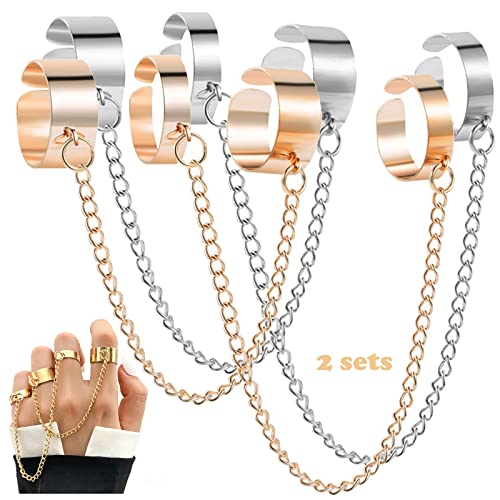 Anillo de dedo con cadena, 2 juegos de anillos punk, cruz, punk, anillos, cadenas, abierto, punk, hip hop, vintage, juego de 4 anillos para mujeres, hombres, regalo (oro/plata) Cover
