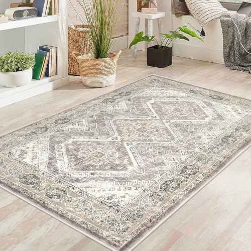 KUTA Area Rug 4x6 Living Room, Washable Rugs Oriental Distressed Tribal Ivory Grey Yellow, Non-Slip Dining Room Carpet, Soft Low Pile Cozy Printed Medallion Throw for Bedroom Kitchen