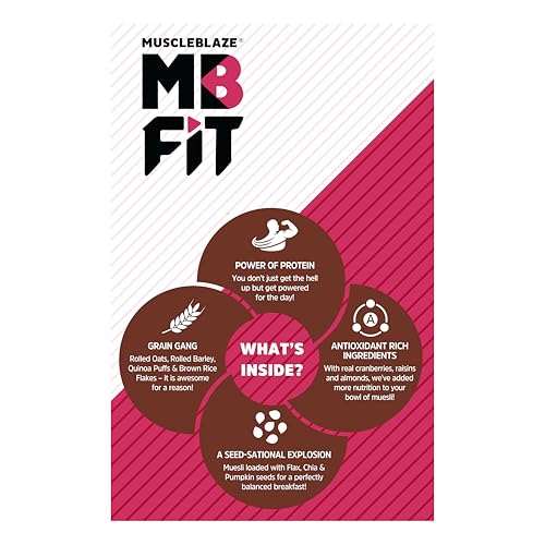 Image of MuscleBlaze Fit High Protein Muesli (1kg, Dark Chocolate & Cranberry) | 22g Protein | With Raisins, Almonds & Super Seeds,High Protein Breakfast Cereals