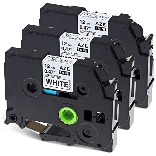 Wonfoucs Cintas de Etiquetas Compatible para usar en lugar de Brother TZe-231 TZe231 12mmx 8m para Brother P-Touch PT 1000W 1010 1090 1830VP (Negro sobre Blanco, pack de 3)
