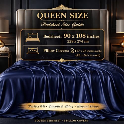 Image of SOFT SOULS Satin Silk Bedsheet with Pillow Covers for Couples, Valentine's Day, Girlfriend, Boyfriend, Husband, Wife, or a Romantic Wedding First Night (Navy B, Queen Bed Sheet)
