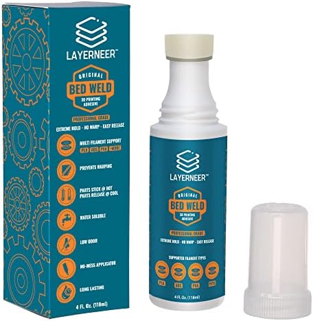 3D Printer Adhesive Glue Bed Weld Original, Strong Grip Reduces Warping for ABS, ASA, PLA, and PETG Filament on Compatible Build Plates, 118ml, 4 fl oz