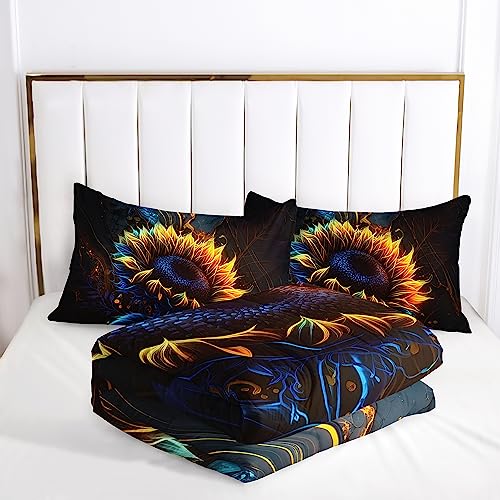 Image of AILONEN Sunflower Kids Comforter Set Queen Size, Yellow Flower Botanical Bedding Set for Boys Girls,Fire Flame Sunflower Duvet Set 3 Pieces, 1 Quilt and 2 Pillowcases