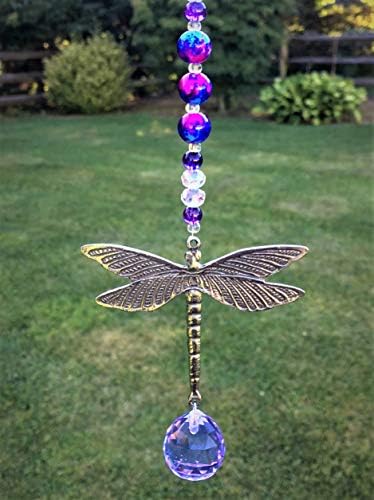 Rear View Mirror Tie Dye Car Charm,Glass Crystal Bead Hanging Ornament,Dragonfly Charm,Hanging Purple Ball Prism,Car Rear View Mirror Accessory, Crystal Window Decor