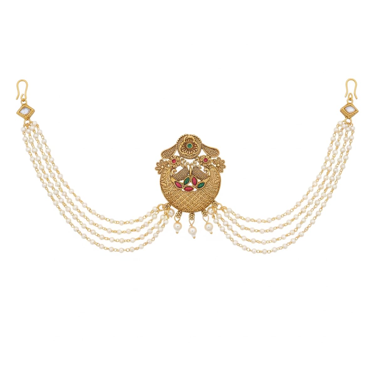 Traditional Gold Plated Brass Choti Hair Accessory with Antique Design & Pearl Bead Chains | South Indian Temple Accessory for Brides & Festive Occasions-image-32