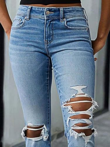 Flamingals Women's Ripped Bell Bottom Jeans Bootcut Mid Rise Stretchy Cut Out Denim Flare Jeans4