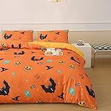 Halloween Duvet Cover Twin, Halloween Pumpkin Ghost Bedding Cover with Bat, 2 Pieces Orange...