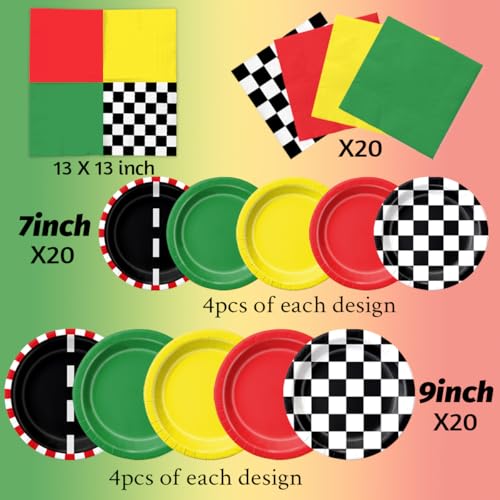 Image of CMUSKO Race Car Birthday Party Decorations - 60Pcs Traffic Light Plates & Napkins Kit Road Checkered Flag Tableware for Boy Party Supplies