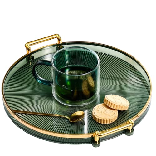 10.6 Round Decorative Tray with Handle Modern Vanity Tray & Ottoman Serving Tray for Coffee Table Kitchen & Bathroom Plastic Dark Green