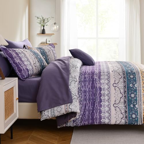 Image of Cottolester Boho King Size Comforter Set 8 Pieces, Violet Bohemian Striped Bed in a Bag, Paisley Soft Microfiber Bedding Comforter Set