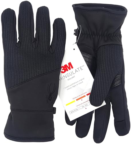 Image of Spyder Core Conduct Gloves, Black, Size Medium, Touchscreen Compatible, Leather Palm Patch, 360 Degree Stretch, Sweater Knit Bonded