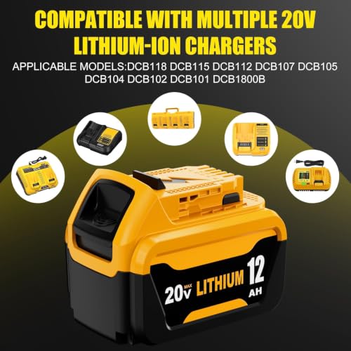 Image of 2 Packs 12000mAh High Capacity DCB206 Replacement for Dewalt 20V Max Battery Compatible with Dewalt 20V Battery DCB200 DCB201 DCB203 DCB207 DCD /DCF /DCG Series Power Tools