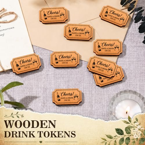 Image of Marsui 100 Pcs Wooden Drink Tokens Bulk for Wedding Personalised Drink Tickets Poker Chips for Guest Wedding Favours Beverage Birthday Parties Bar Table Decoration Supplies (Rectangular Shape)