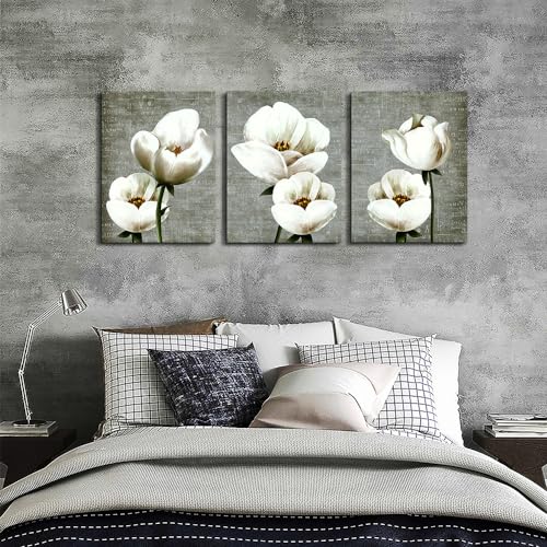 DZRWUBHS Modern Wall Decor - Canvas Wall Art for Living Room, Bedroom & Kitchen - Abstract Vintage Style White Flowers - 3 Piece Set