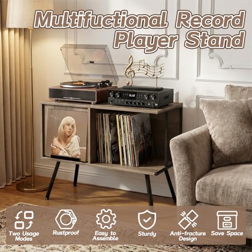 Image of Faesun Flip Top Record Player Stand, Large Turntable Stand Holds up to 150+ Albums, Vintage Mid Century Record Player Table, Stereo Cabinet with Open Storage, for Living Room, Bedroom, Gray