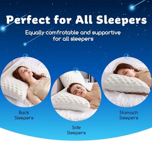 Cooling Side Sleeper Pillow for Neck and Shoulder Pain, Luxury Shredded Memory Foam Curved Bed Pillows for Sleeping Set of 2- Adjustable King Size- Washable Cover Crescent White