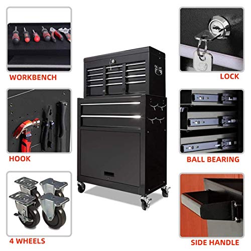 8-Drawer Large capacity Tool chest,Rolling Tool Chest and Tool box with 4 Wheels,Tool Storage Cabinet Removable Portable Box with Lock for Garage and Warehouse (Cool Black)