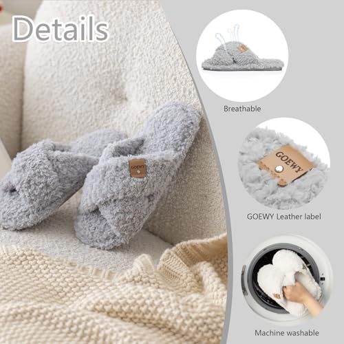 Image of GOEWY Fuzzy Open Toe Slippers for Women Cozy Memory Foam House Shoes Indoor | Cute Cross Band,Soft Faux Fur,Anti-slip Sole Outdoor,Machine-washable,Lightweight,Slip on Gifts for Women,Mom and Bridesmaid