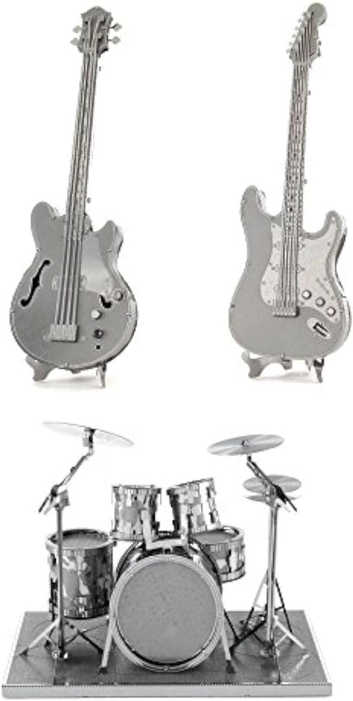 Metal Earth 3D Laser Cut Steel Models - Drum Set, Base Guitar AND Lead Electric Guitar = SET OF 3