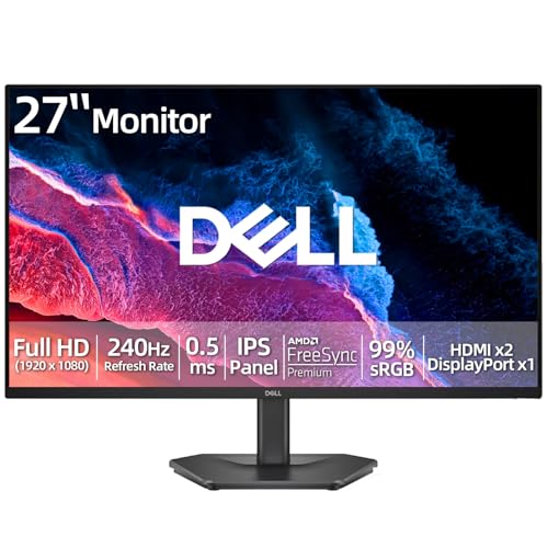 Image of Dell 27 inch Gaming Monitor, FHD 1080p Fast IPS Display, 240Hz Refresh Rate, 0.5ms Response Time, AMD FreeSync Premium, 99% sRGB Color, HDMI 2.1 & DisplayPort 1.4, Tilt Adjustable - Black