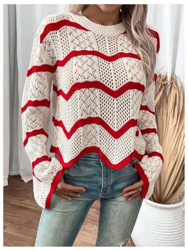 MakeMeChic Women's Crochet Top Chevron Bell Sleeve Crew Neck Hollow Out Long Sleeve Sweater Shirts3