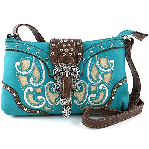 Justin West Floral Leather Turquoise Concho Rhinestone Messenger Bag Crossbody