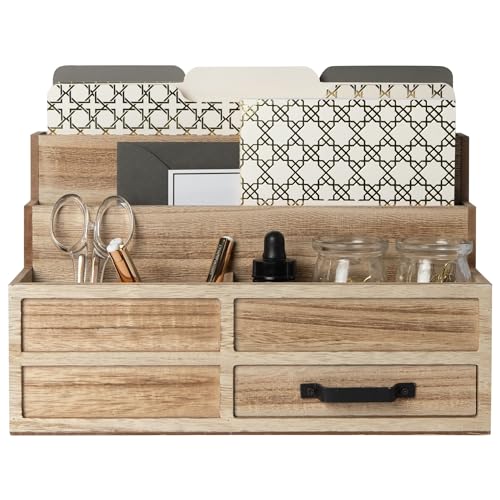 BLU MONACO | Natural Wood Mail Organizer with Drawer & Pen Holder | Rustic Desk Organizer for Bills, Letters & Countertop Storage | Wooden Desktop Mail Sorter for Home & Kitchen