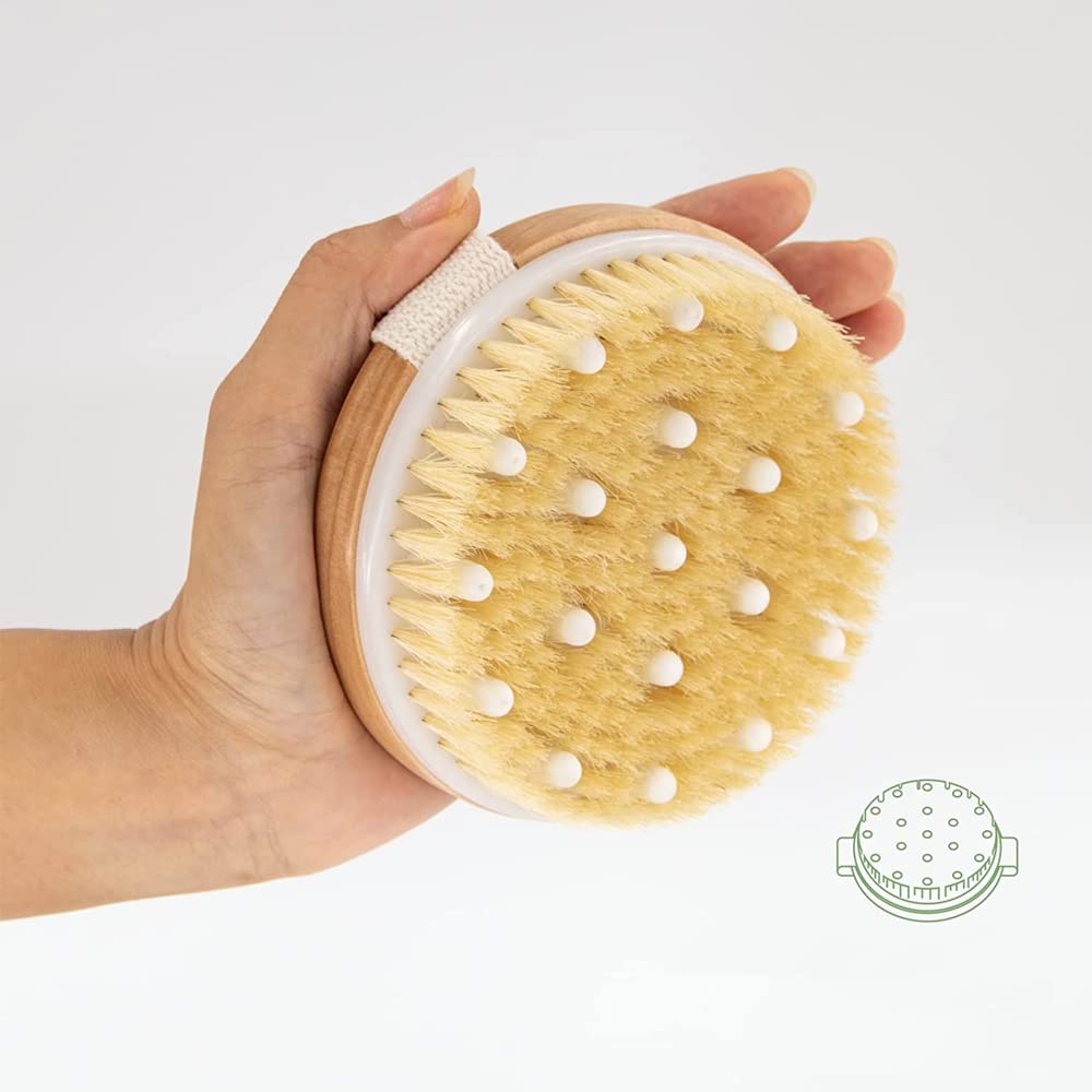 BoAn Juego de 2 cepillos de ducha – Cepillo de masaje de madera natural para piel seca, drenaje linfático y cuidado de la celulitis, cepillo corporal exfoliante y tratamiento de celulitis