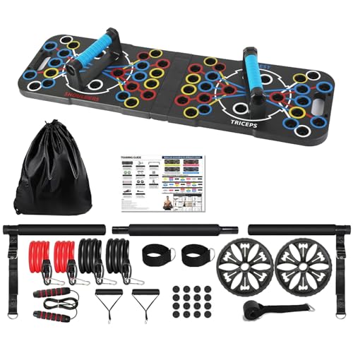 Multifunctional Push Up Board, Portable Push Up Bar with 15 Fitness Accessories and Pilates Bar Resistance Band, Stable Workout Board with Roller Wheel for Home Gym