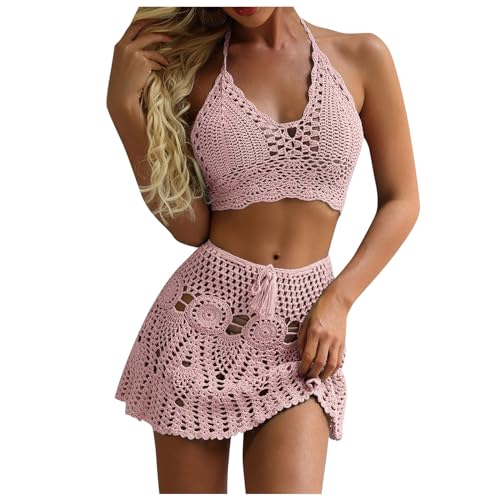 Generisch Traje de playa de verano de dos piezas hueco de ganchillo para mujer, Rosa., L
