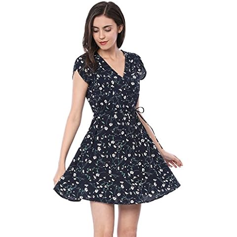 Allegra K Vestido Fluido Floral con cinturón y Cuello en V Cruzado Boho para Mujer Azul L Cover