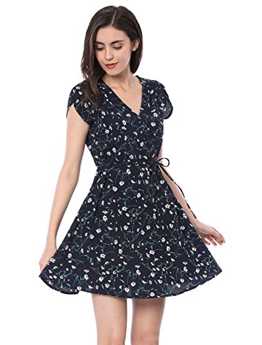 Allegra K Vestido Fluido Floral con cinturón y Cuello en V Cruzado Boho para Mujer Azul XL