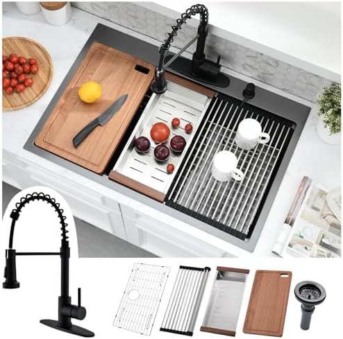 Kitead 33 x 22 Black Drop In Kitchen Sink with Faucet Combo - 33 Inch ...