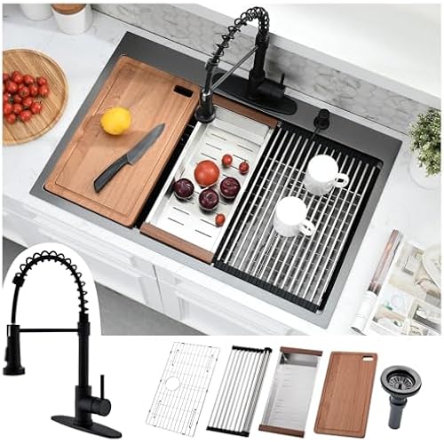 33x19 Drop in Kitchen Sink with Faucet - Gunmetal Black Single Bowl