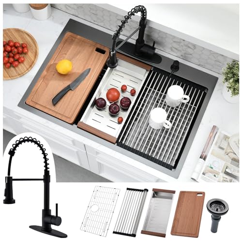 33 Inch Black Drop In Kitchen Sink with Faucet Combo Kitead 33×22 Kitchen Sink Drop In Black Workstation Sink Black Stainless Steel Kitchen Sink with Faucet Single Bowl Kitchen Sink and Faucet Combo