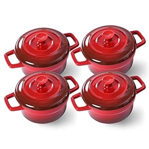 Lareina Mini Cocotte – 12oz Ceramic Casserole Dishes – Kitchen Casserole Sets With Handles And Lid – Small Baking Ramekins – Oven, Microwave & Dishwasher Safe – Set of 4 – Red