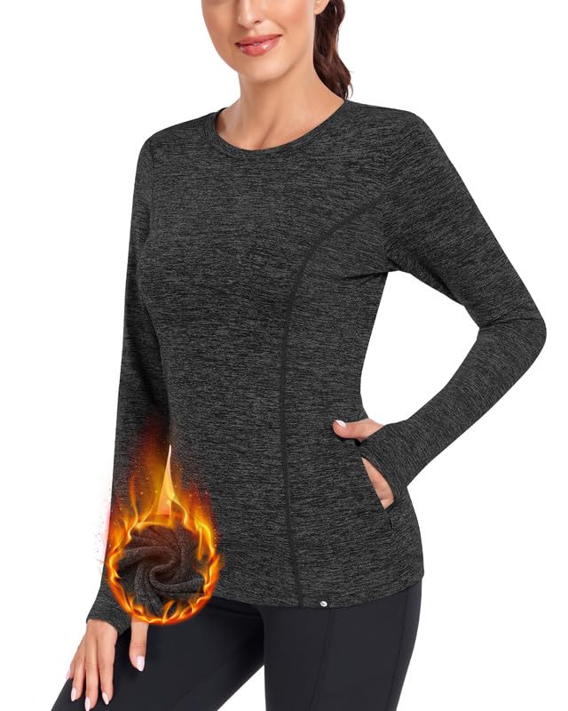 Soneven Women's Thermal Fleece Running Shirt with Pockets Long Sleeve Workout Top with Thumb Holes Active Pullover Yoga Tops