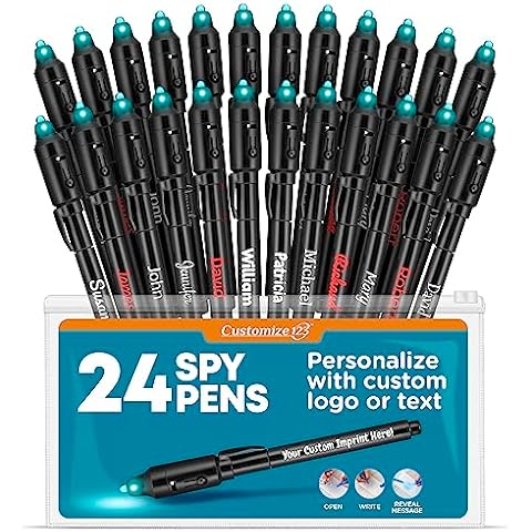 CUSTOMIZE123 Personalized Invisible Disappearing Ink Pen Marker Pack, Custom Secret Spy Message Writer with UV Light, Fun for Kids Party Favors Gifts and Stock Stuffers, 24 Pack, Black Cover