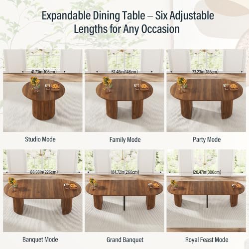 Image of weselon 42 inch-120 inch Extendable Dining Table for 4-14, Expandable Oval Dining Room Table with Fluted Pedestal Base & Reinforced Metal Support Leg, Extra Large Modern Kitchen Table (Walnut)