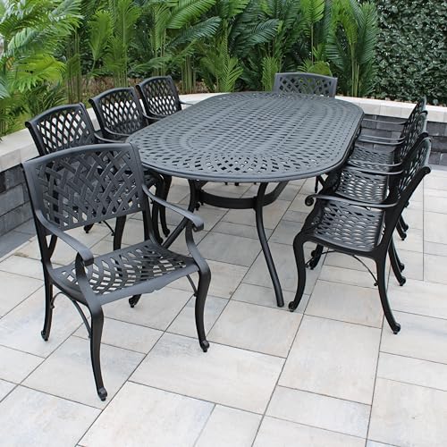 Image of Oakland Living 1025-1016(8)-LBK Modern Outdoor Mesh Lattice Aluminum 95-in Large Black Oval Patio Eight Arm Chairs Dining Set
