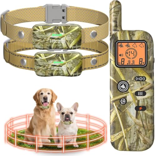 Htcuto 2-in-1 Wireless Dog Fence System for 2 Dogs Pet Containment System & Dog Training Collar with Remote Electric Dog Fence 253500FT Adjustable Boundary for Small Medium & Large Dogs Camo