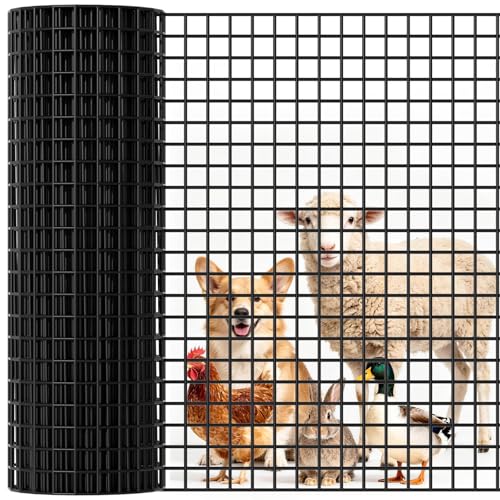 Black PVC Coated Chicken Wire Fencing 1/4 Inch Mesh 48 Inch x 50 Foot 23 GA Welded Wire Hardware Cloth Roll Heavy Duty Farm & Ranch Garden Border Fence Tree Guard Poultry Netting Animal Barrier