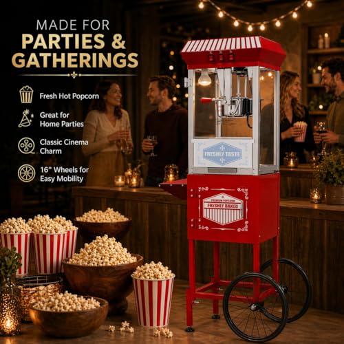 Image of 12 Oz Commercial Popcorn Machine Cart, 800 W, Popcorn Maker Machine with Stainless-Steel Kettle, Movie Theater Popcorn Machine with Steel Frame Tempered Glass Doors & Heated Warming Deck, Red