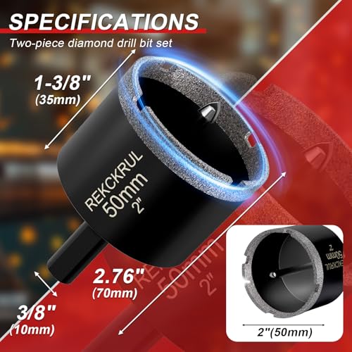 Image of 2 Inch Diamond Hole Saw with Pilot Drill Bit 2PCS | Premium Tile Hole Saws Porcelain, Ceramic, Granite, Marble, Glass , 1-3 /8 inch Cutting Depth, Serrated Edge Wet /Dry Use (50mm)