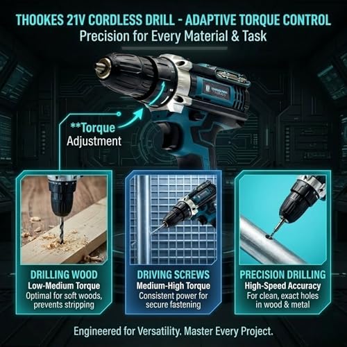 Image of THOR 21V Cordless Drill Driver Set with 2 Lithium-Ion Batteries, 10mm Keyless Chuck, V Torque Settings, Flexible Shaft Extension, Accessory Kit & Carrying Case