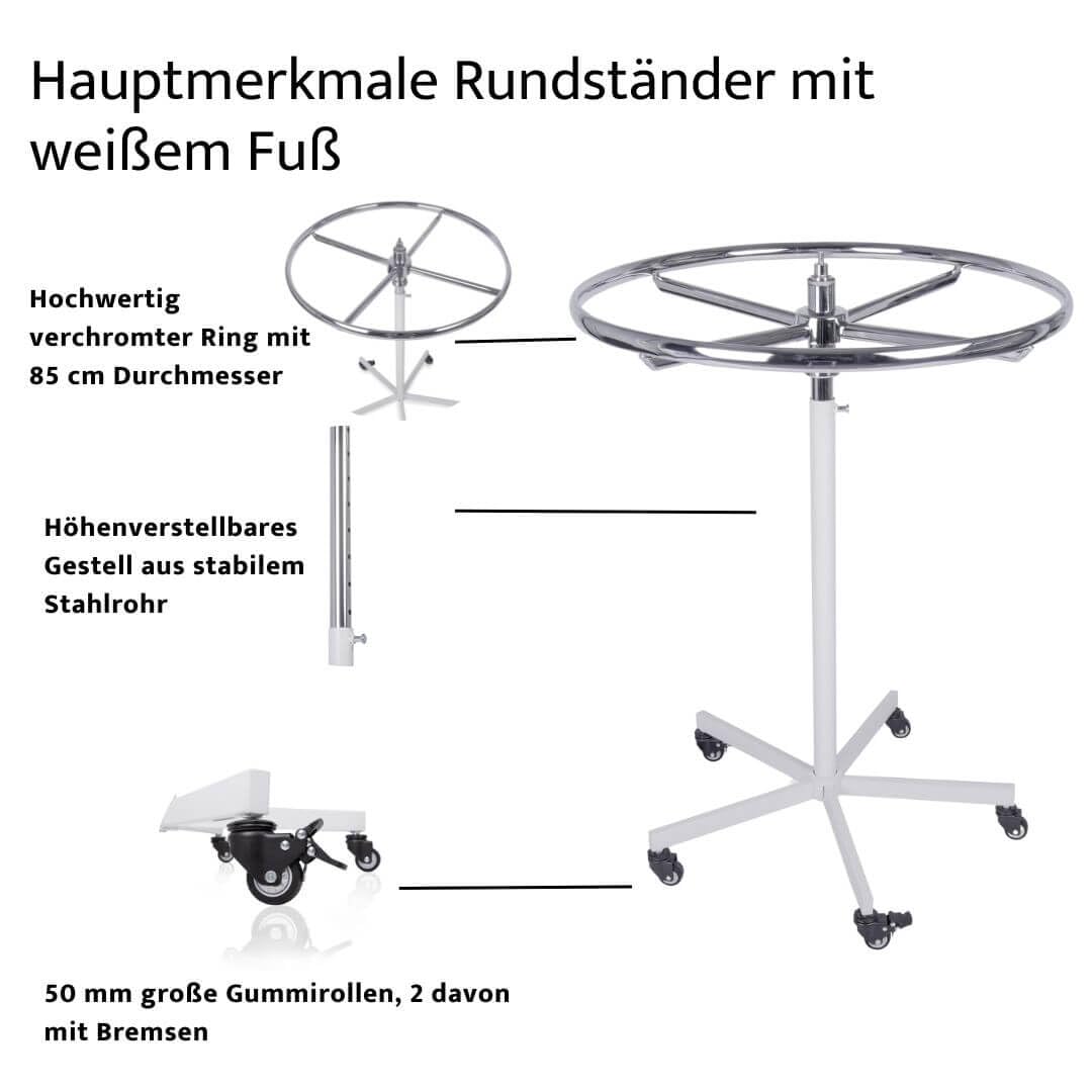 Konfektions Rundständer rollbar höhenverstellbar 110-175cm Sternenfuß weiß Neuware, sehr gut erhaltener Ring Ø85cm verchromt - Kleiderständer stabil, Garderobenständer, Rollständer