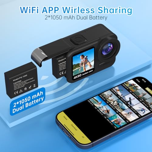 Image of 4K 60FPS Waterproof Action Camera, Bare Metal 66FT Underwater Camera, 2 inch Touch Dual Screen Sports 6-Axis Stabilization,2 Batteries Internal Microphone Vlog Camera for Diving Cycling Outdoor